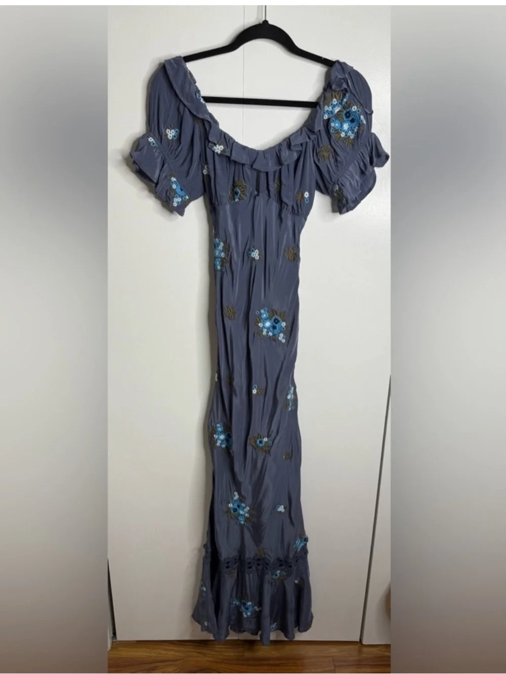 Free People Bali Santa Cruz Ruffle Floral Embroidery Blue Maxi Dress Medium NWT